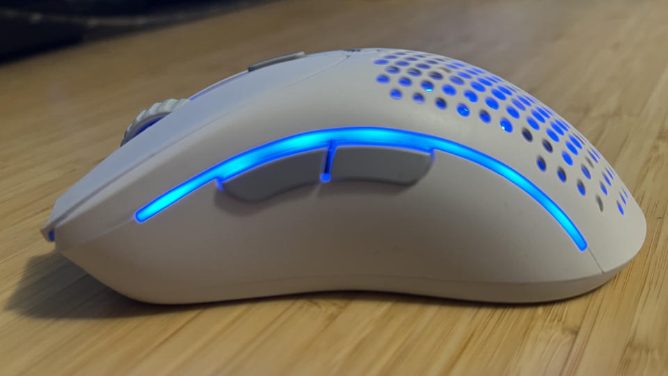 Glorious Model D 2 gaming mouse with RGB enabled.