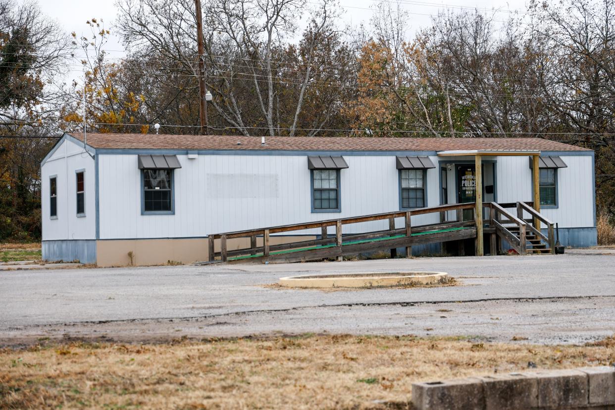 The current Wewoka Police Department building is pictured Nov. 9. The police chief said work is being done on the department’s permanent station, so officers are operating out of a trailer. The door is locked to prevent unauthorized people from walking in and out, he said.