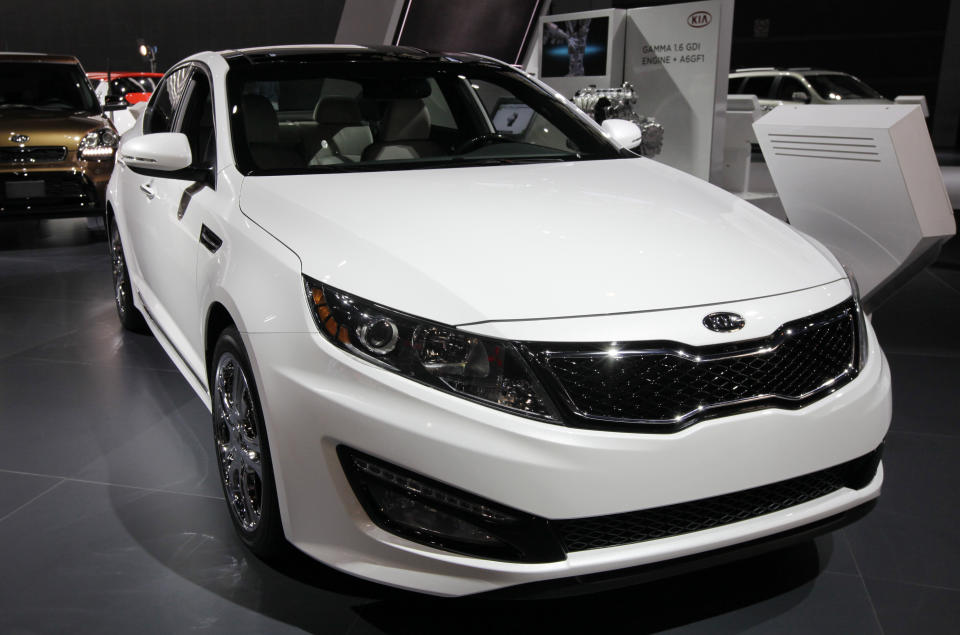 FILE - A 2013 Kia Optima is displayed at the Chicago Auto Show in Chicago on Feb. 9, 2012. In September, 2023, Hyundai and Kia issued a recall of 3.4 million of its vehicles in the United States, including the 2013 Kia Optima. (AP Photo/Nam Y. Huh, File)