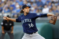 Seattle Mariners starting pitcher Logan Gilbert delivers to a Kansas City Royals batter during the first inning of a baseball game in Kansas City, Mo., Saturday, Sept. 24, 2022. (AP Photo/Colin E. Braley)