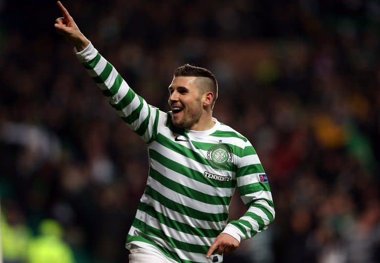 Celtic foward Gary Hooper celebrates after scoring a goal during a Champions League match in Glasgow on December 6, 2012. Celtic manager Neil Lennon has tipped Hooper to end his five-game goal drought when his side take on Dundee on Sunday