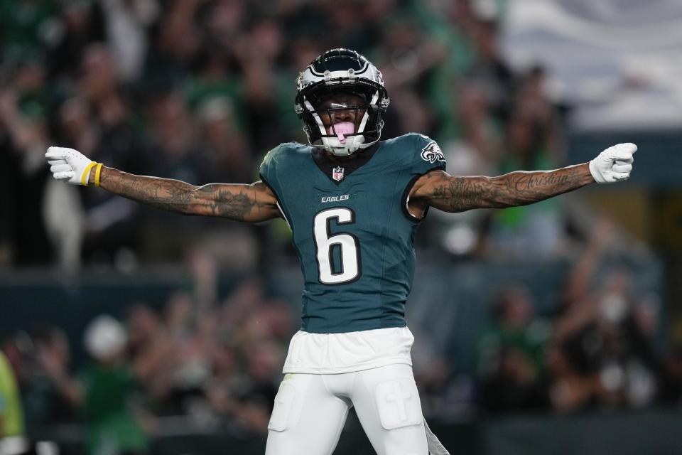 Philadelphia Eagles wide receiver DeVonta Smith celebrates his touchdown during the first half of an NFL football game against the Atlanta Falcons on Monday, Sept. 16, 2024, in Philadelphia. (AP Photo/Matt Slocum)