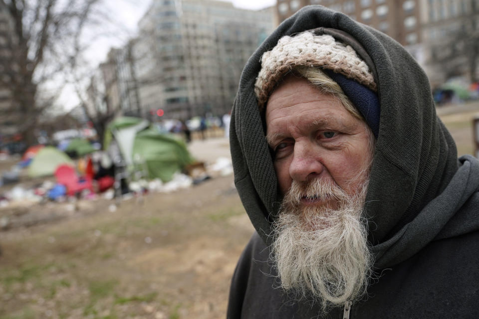 Daniel Kingery, a resident of a homeless encampment at McPherson Square in Washington, speaks with The Associated Press prior to a clearing of the encampment by the National Park Service, Wednesday, Feb. 15, 2023. (AP Photo/Patrick Semansky)