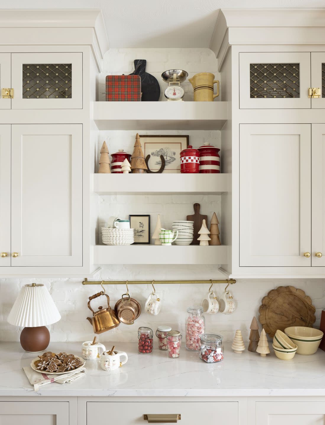 open shelving in a white kitchen