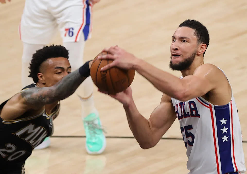 Ben Simmons in action for the Philadelphia 76ers in the 2021 NBA playoffs. (Photo by Kevin C. Cox/Getty Images)
