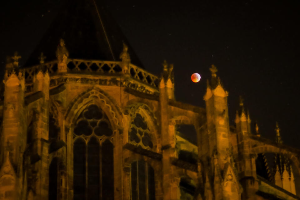 The super blood wolf moon behind Tours Cathedral on Jan. 21 in central France.