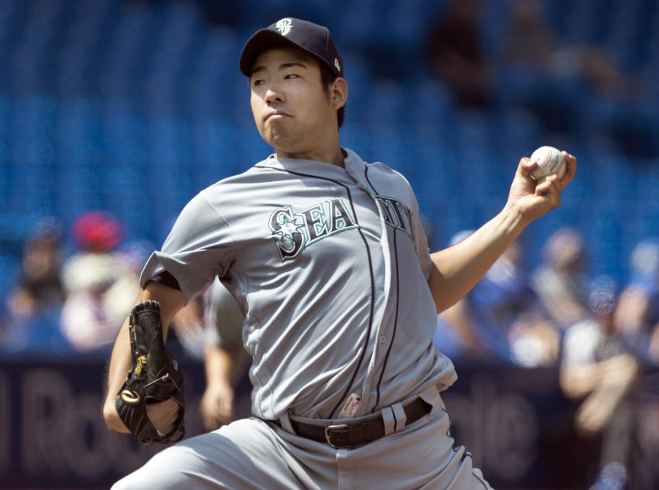 Seattle Mariners starting pitcher Yusei Kikuchi throws against the Toronto Blue Jays during the seventh inning a baseball game in Toronto, Sunday Aug. 18, 2019. (Fred Thornhill/The Canadian Press via AP)