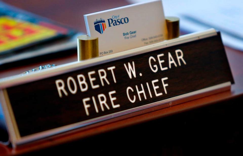 Name plate on the desk of Pasco Fire Chief Bob Gear, who is retiring at the end of May, 2023.
