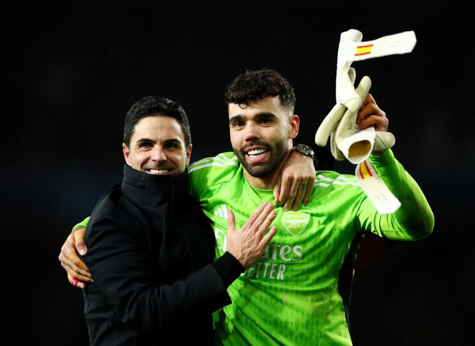 Mikel Arteta and David Raya celebrate their winning moment (Action Images via Reuters)