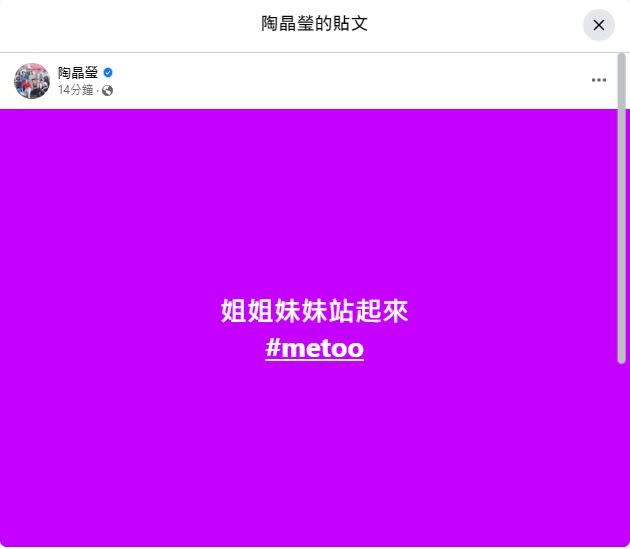 陶晶瑩在臉書上po文「姐姐妹妹站起來#metoo」。（圖／翻攝自陶晶瑩臉書）