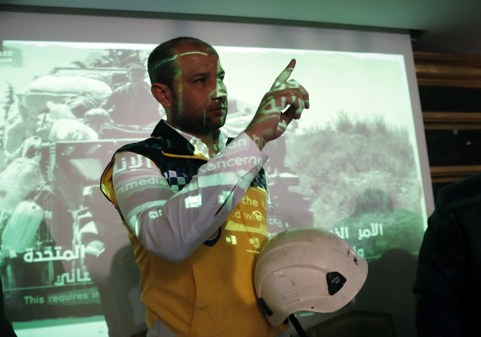 Raed Alsaleh, chairman of the Syrian Civil Defense volunteer rescue group, (White Helmets) gestures following a media conference in Istanbul, Friday, May 31, 2019. The group and an alliance of non-governmental organisations have gathered in Istanbul to call attention to an escalation of violence in Idlib province in northwestern Syria.Salah said a catastrophic humanitarian crisis is imminent and the Syrian NGO Alliance appealed to the United Nations Security Council to stop the escalation. (AP Photo/Lefteris Pitarakis)