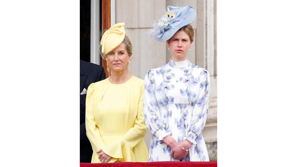 Sophie, Duchess of Edinburgh and Lady Louise Windsor stand on the balcony of Buckingham Palace after attending Trooping the Colour on June 15, 2024 in London, England