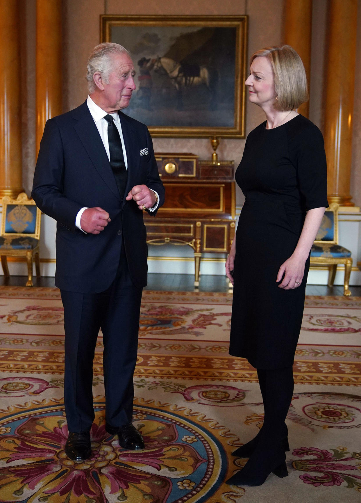 King Charles III appeared to also have swollen hands during his first audience with Prime Minister Liz Truss at Buckingham Palace in London on Sept. 9, 2022. (Yui Mok / Getty Images)