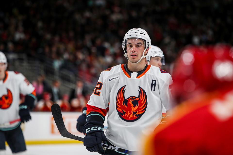 Coachella Valley Firebirds forward Andrew Poturalski, shown here in a game against the Calgary Wranglers at Acrisure Arena on Wednesday, scored two goals on Thursday to lead the Firebirds to victory.