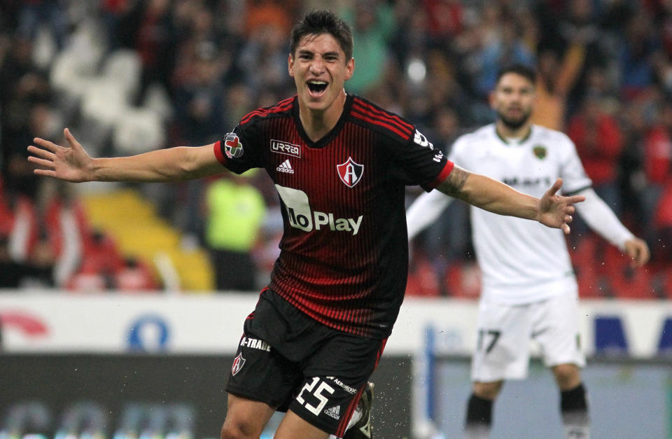 Edson Rivera of Atlas celebrates after scoring a goal against FC Juarez during their Mexican Apertura 2019 tournament football match at Jalisco Stadium, in Guadalajara, Jalisco State, on July 19, 2019. (Photo by Ulises Ruiz / AFP)        (Photo credit should read ULISES RUIZ/AFP/Getty Images)