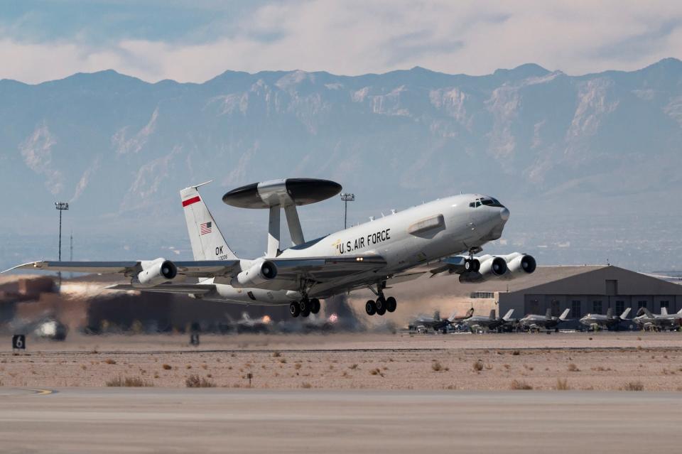 An E-3 Sentry takes off at Nellis Air Force Base in Nevada on Jan. 16, 2024.