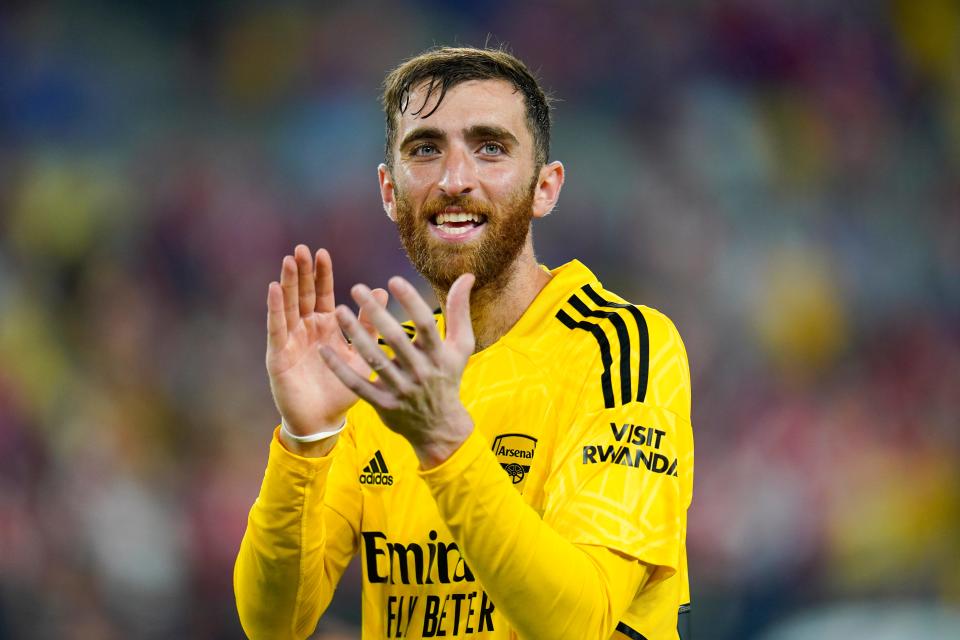 Arsenal goalkeeper Matt Turner looks on after a pre-season friendly soccer match against Everton, Saturday, July 16, 2022, in Baltimore. Arsenal won 2-0. (AP Photo/Julio Cortez)