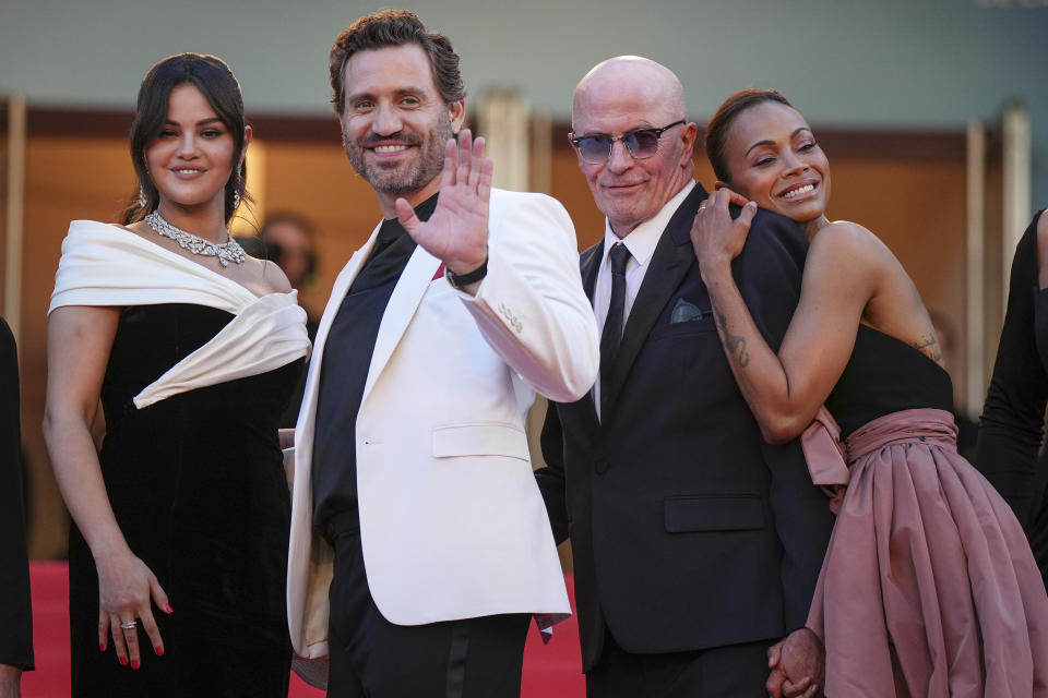 Selena Gomez, from left, Edgar Ramirez, director Jacques Audiard, and Zoe Saldana pose for photographers upon arrival at the premiere of the film 'Emilia Perez' at the 77th international film festival, Cannes, southern France, Saturday, May 18, 2024. (Photo by Daniel Cole/Invision/AP)