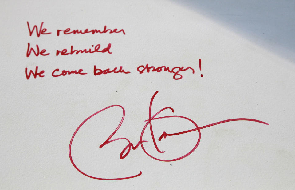 President Barack Obama's signature and thoughts are shown on a steel beam prior to it's installation on the 104th floor of 1 World Trade Center, Thursday, Aug. 2, 2012 in New York. The beam was signed by the president with the notes: "We remember," ''We rebuild" and "We come back stronger!" during a ceremony at the construction site June 14. Since then the beam has been adorned with the autographs of workers and police officers at the site. The beam will be sealed into the structure of the tower, which is scheduled for completion in 2014. (AP Photo/Mark Lennihan)