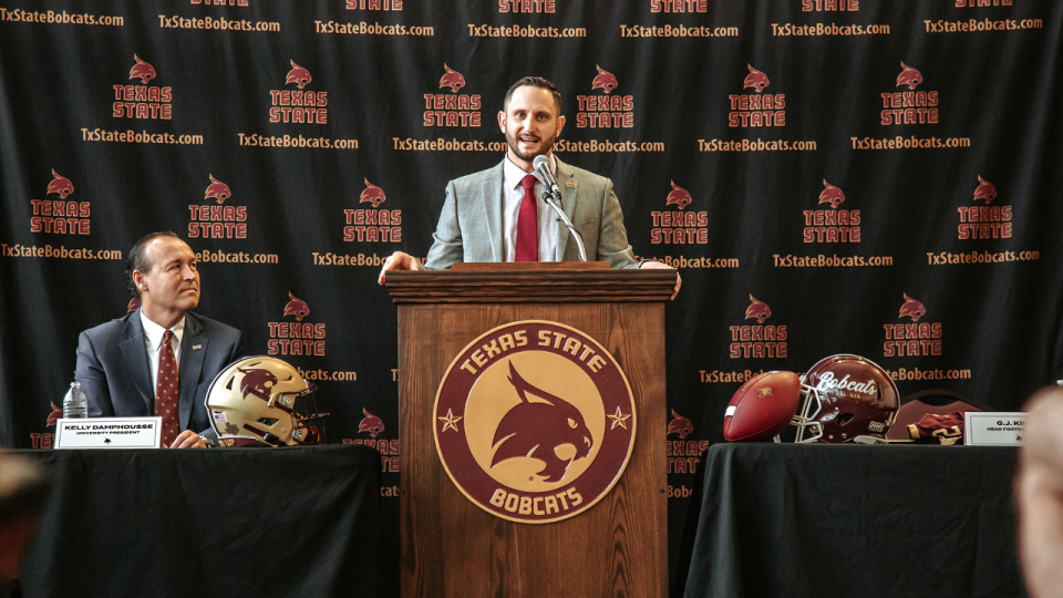 Texas State football coach G.J. Kinne addresses the media during his introductory press conference in San Marcos on Dec. 7. Kinne made the most of the five days he had to recruit after his coaching tenure with Incarnate Word ended in an FCS playoff loss last Friday.