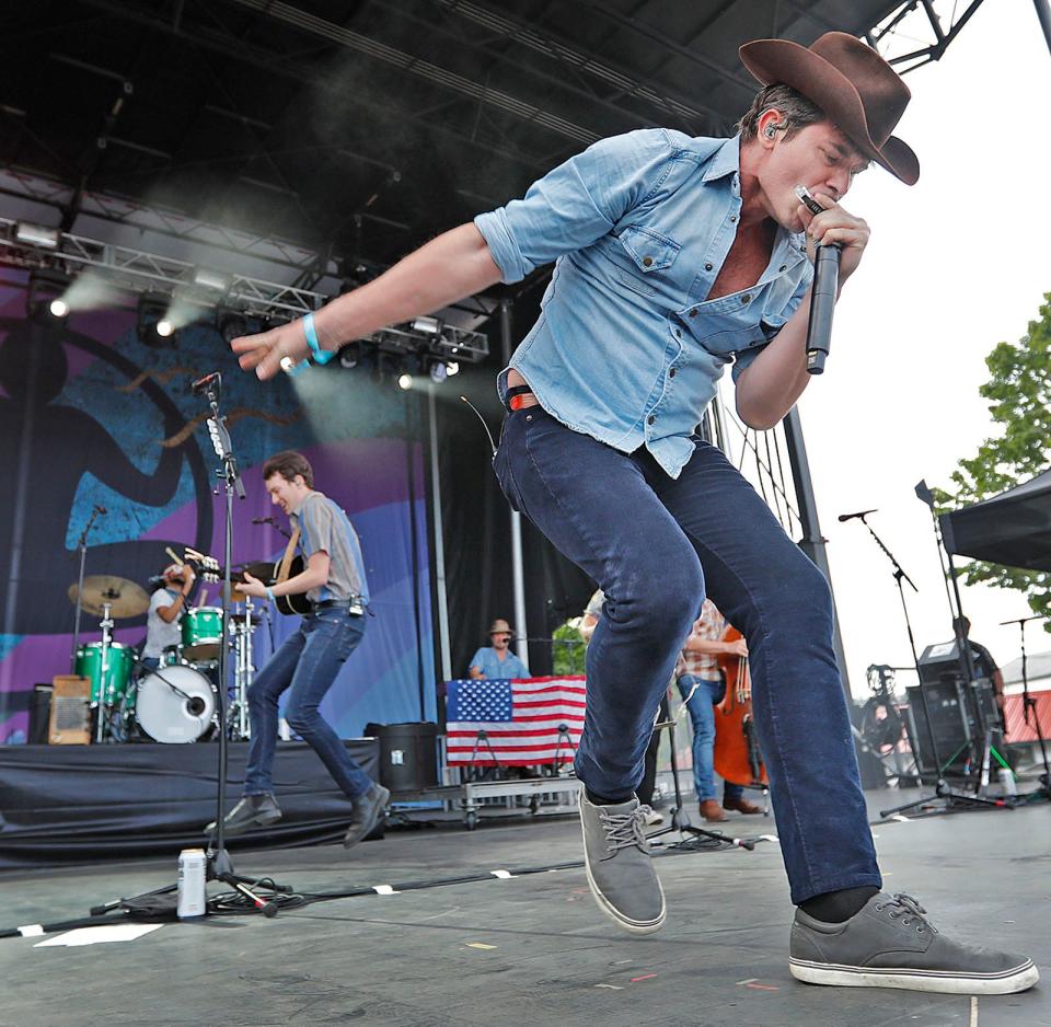 Lead vocalist Ketch Secor sings and dances for the opening song with the band Old Crow Medicine Show at the Levitate Music and Arts Festival in Marshfield on Friday, July 8, 2022.