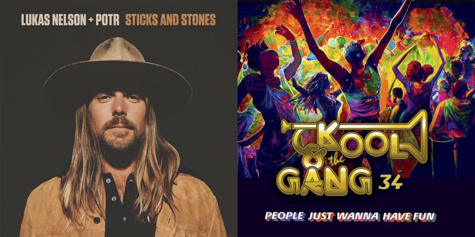 This combination of album covers shows “Sticks and Stones" by Lukas Nelson, left, and "“People Just Wanna Have Fun" by Kool & The Gang. (6ACE Records/Thirty Tigersvia AP, left, and Astana Music Inc. via AP)