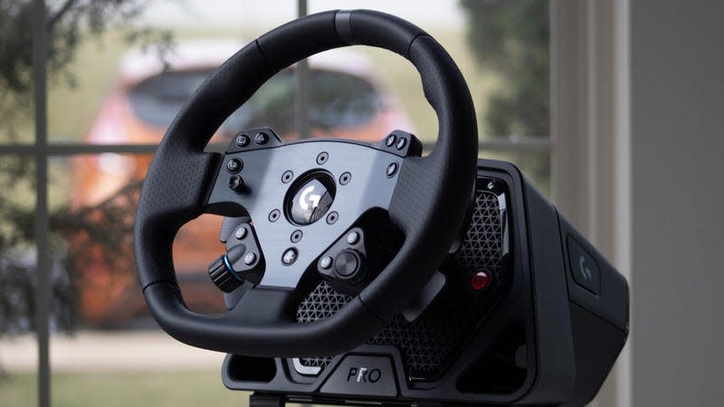 View of entire Logitech G Pro steering wheel and base.