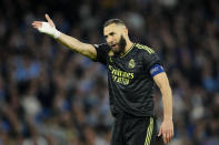 Real Madrid's Karim Benzema gestures during the Champions League semifinal second leg soccer match between Manchester City and Real Madrid at Etihad stadium in Manchester, England, Wednesday, May 17, 2023. (AP Photo/Jon Super)