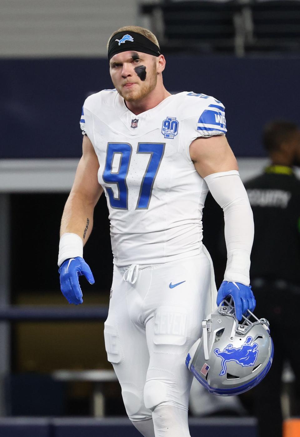 Detroit Lions defensive end Aidan Hutchinson before the game against the Dallas Cowboys at AT&T Stadium in Arlington, Texas.