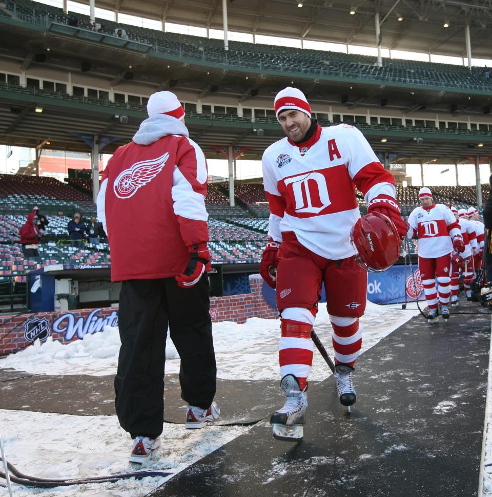 Red Wings forward Henrik Zetterberg takes the ice for practice for the Winter Classic held at Wrigley Field in Chicago, Friday, Dec 31, 2008.