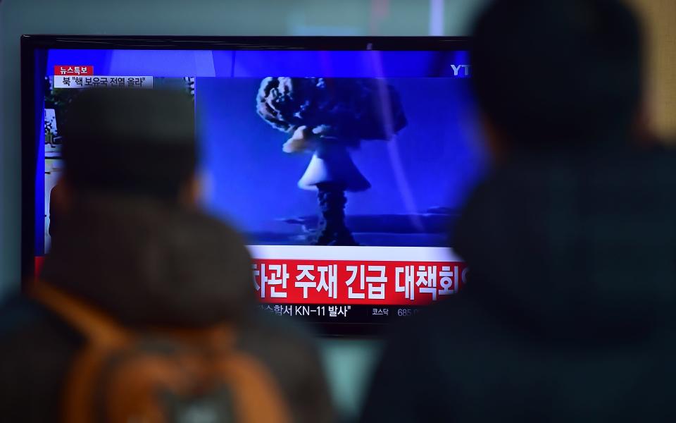 People in North Korea watch a news report on the country&#39;s first hydrogen bomb test - This content is subject to copyright.