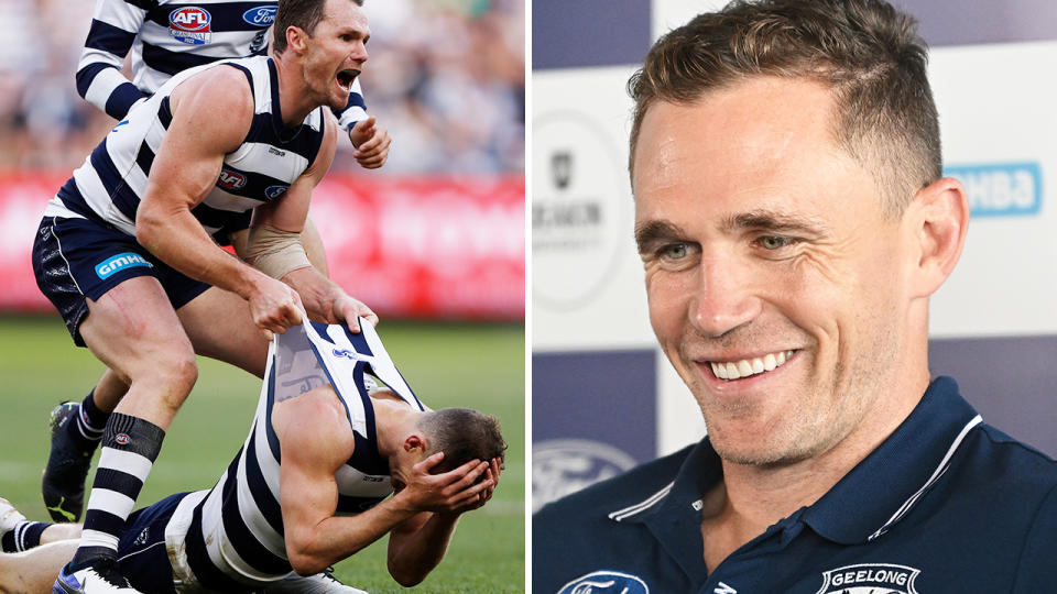 Joel Selwood is lifted off the ground by Patrick Dangerfield on the left, and is seen in a press conference on the right.