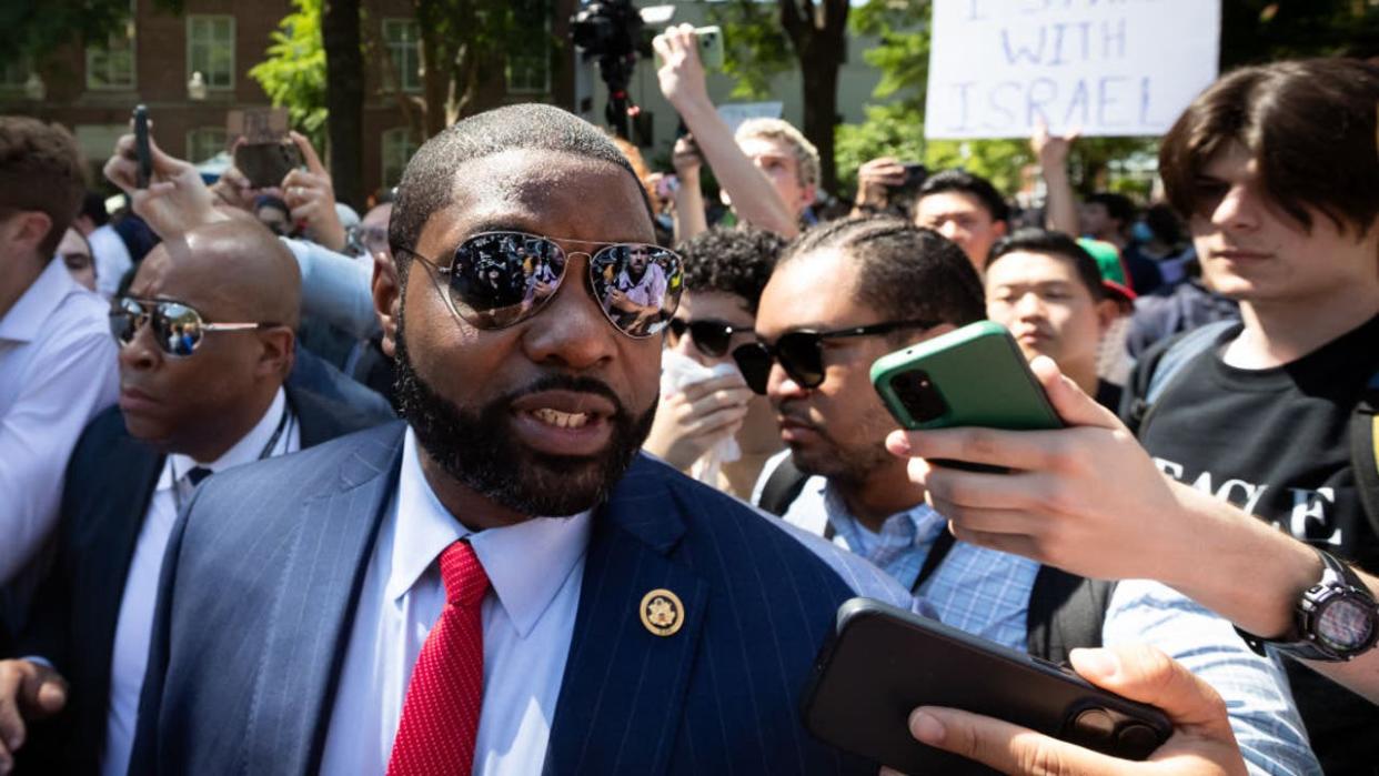 <div>Rep. Byron Donalds (R-FL) speaks with reporters as he and other far-right Republican members of the House Oversight Committee visit the George Washington University Gaza encampment, Washington, DC, May 1, 2024. GWU students established the camp the prior week in conjunction with students from other DC-area universities. It is one of more than one hundred Gaza solidarity encampments in college campuses across the country. (Photo by Allison Bailey / Middle East Images / Middle East Images via AFP) (Photo by ALLISON BAILEY/Middle East Images/AFP via Getty Images)</div>