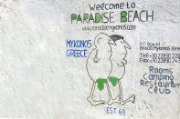 A sign for Paradise Beach, Mykonos