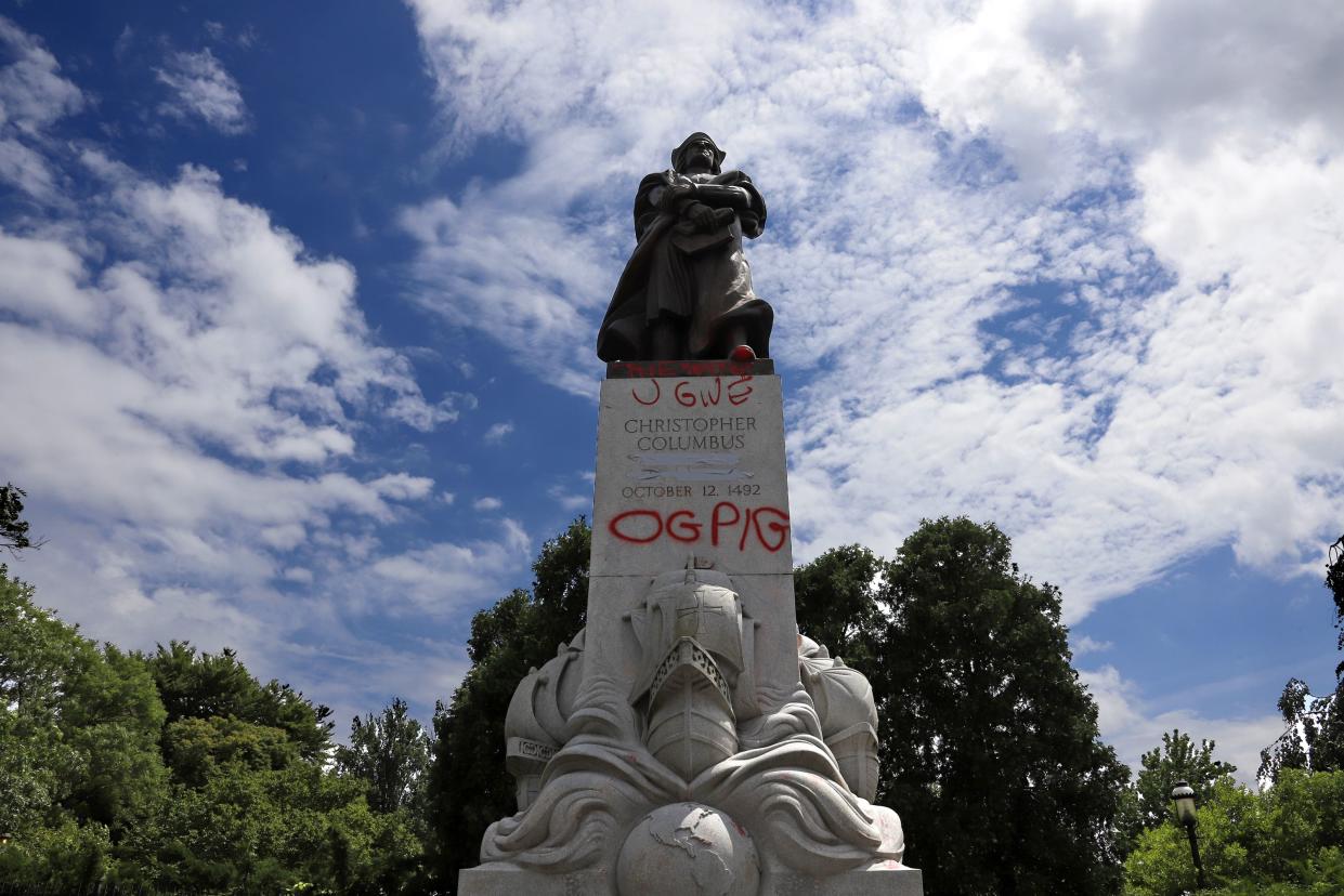 This statue of Christopher Columbus in Schenley Park in the Oakland neighborhood of Pittsburgh, Penn. was vandalized on June 12, 2020.