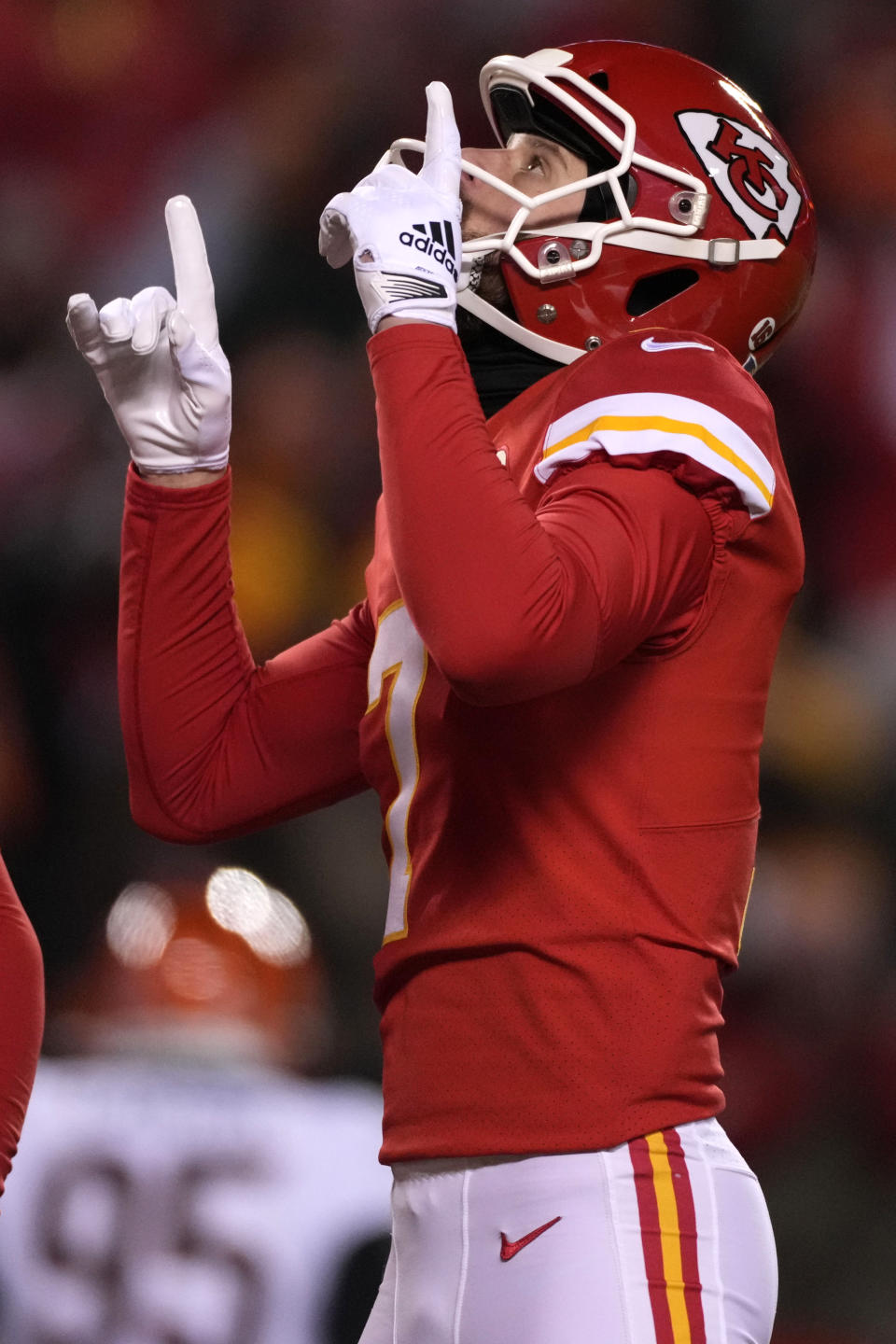 Kansas City Chiefs place kicker Harrison Butker (7) celebrates his field goal against the Cincinnati Bengals during the first half of the NFL AFC Championship playoff football game, Sunday, Jan. 29, 2023, in Kansas City, Mo. (AP Photo/Jeff Roberson)