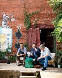 Hugh Acheson with musicians Michael Stipe and Mike Mills