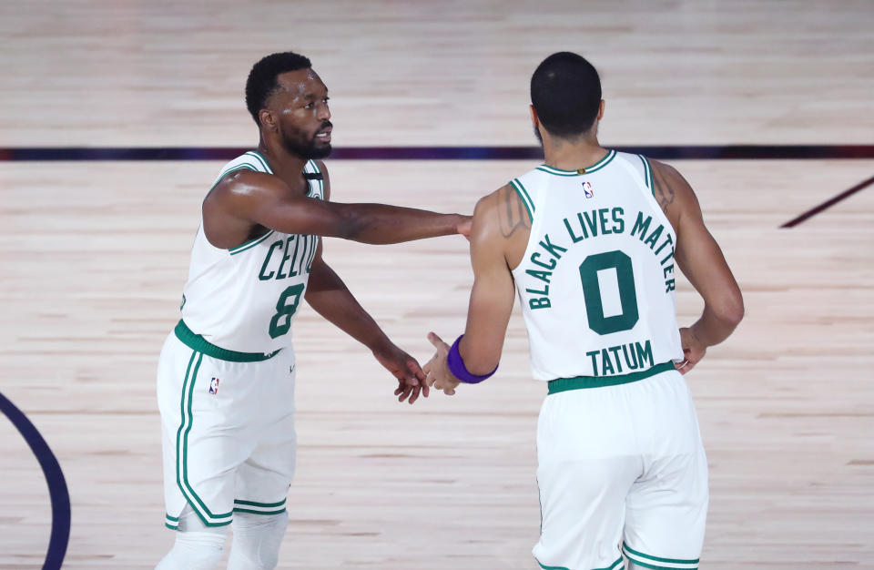 Jayson Tatum and Kemba Walker powered the Celtics to close out a sweep on Sunday. (Kim Klement-Pool/Getty Images)