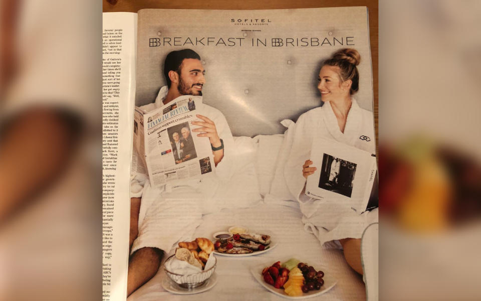 The Sofitel Hotel advertisement sparked outrage among social media users, who questioned why the man had to be reading the Financial Review and his partner a Chanel coffee table book. 