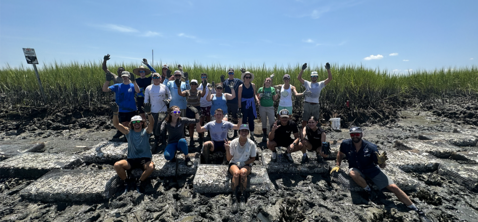 Volunteers on a reef build that’s part of a $1.2 million National Fish and Wildlife Foundation’s National Coastal Resilience grant that was awarded to the Coastal Conservation League, the South Carolina Department of Natural Resources and other partners for oyster restoration in the Beaufort, South Carolina, region.