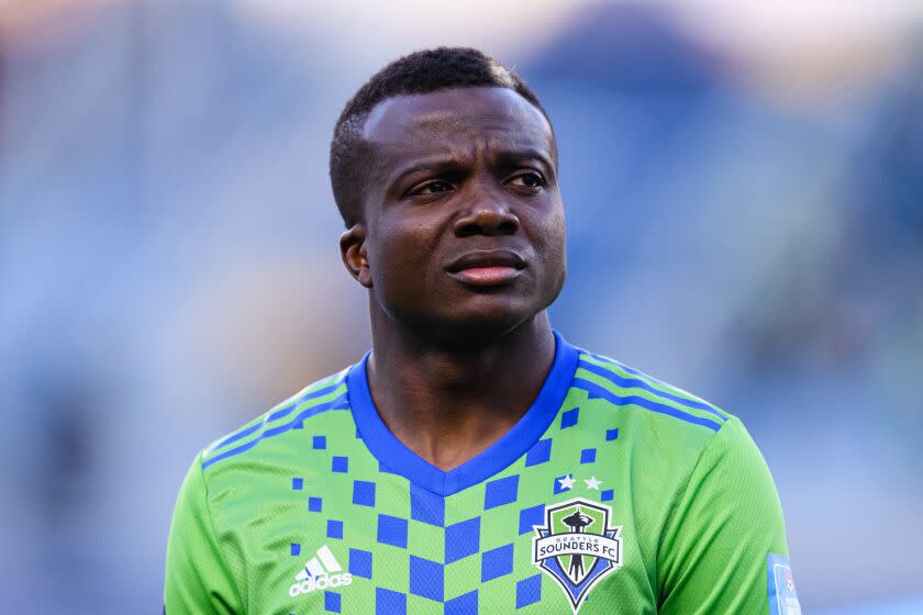 TANGER MED, MOROCCO - FEBRUARY 04: Nouhou Tolo of Seattle Sounders getting into the field.