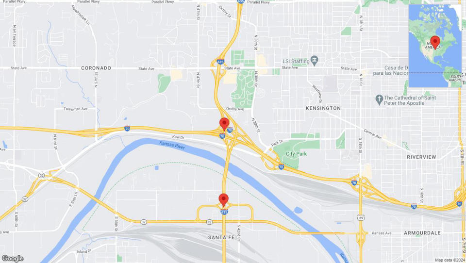 A detailed map that shows the affected road due to 'Lane on I-635 closed in Kansas City' on July 26th at 11:23 p.m.