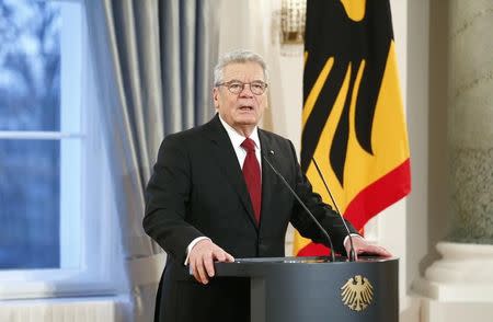 German President Joacham Gauck makes a statement following a shooting by gunmen at the offices of weekly satirical magazine Charlie Hebdo in Paris, before a reception at Bellevue presidential palace in Berlin January 9, 2015. REUTERS/Hannibal Hanschke