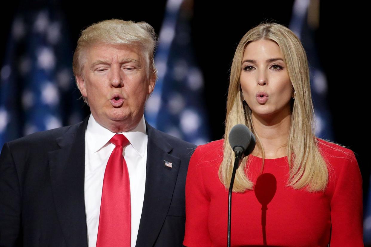 Republican presidential candidate Donald Trump and his daughter Ivanka Trump test the teleprompters and microphones on stage before the start of the fourth day of the Republican National Convention on July 21, 2016 at the Quicken Loans Arena in Cleveland, Ohio: Getty