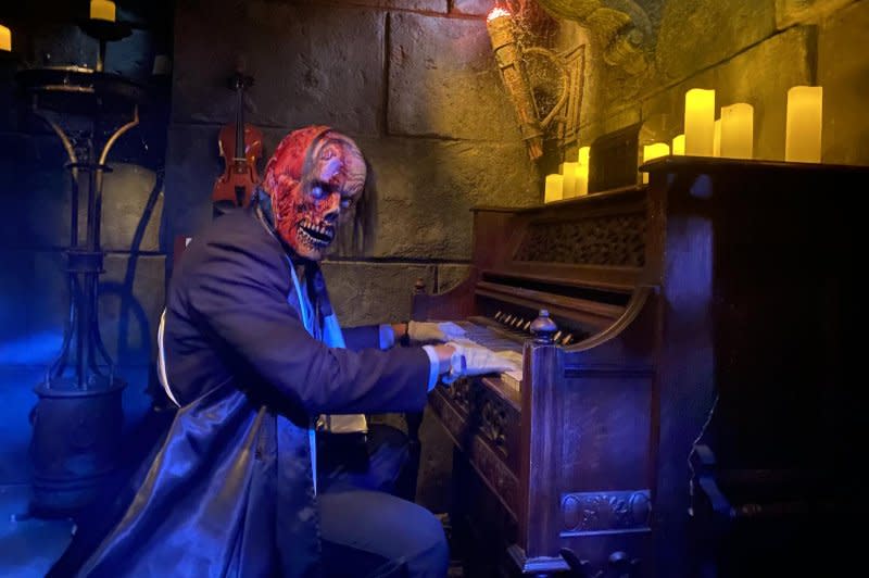 The Phantom of the Opera plays a tune. Photo by Fred Topel/UPI