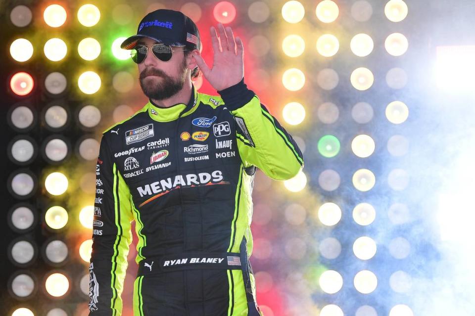 Oct 15, 2023; Las Vegas, Nevada, USA; NASCAR Cup Series driver Ryan Blaney (12) is introduced before the South Point 400 at Las Vegas Motor Speedway.