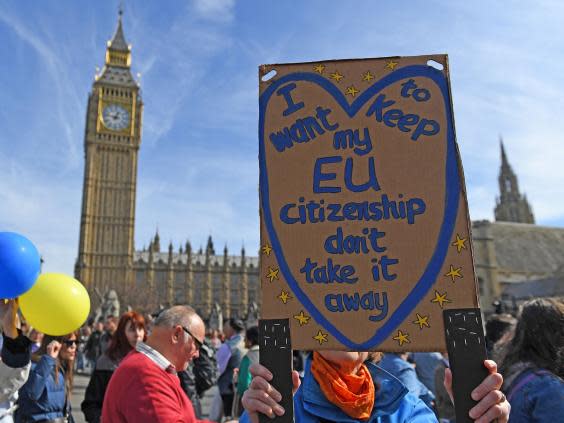 Pro-EU demonstrators pass the Houses of Parliament (AFP/Getty)