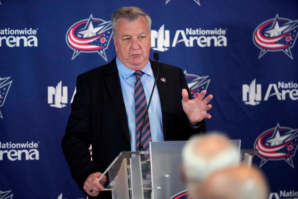 May 29, 2024; Columbus, OH, USA; Don Waddell has been hired as president of hockey operations and general manager for the Columbus Blue Jackets during a media press conference at Nationwide Arena.