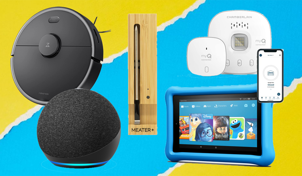 A robot vacuum, an Amazon Echo Dot, a smart thermometer, an Amazon Fire Kids tablet and a smart security system on a blue and yellow background. 