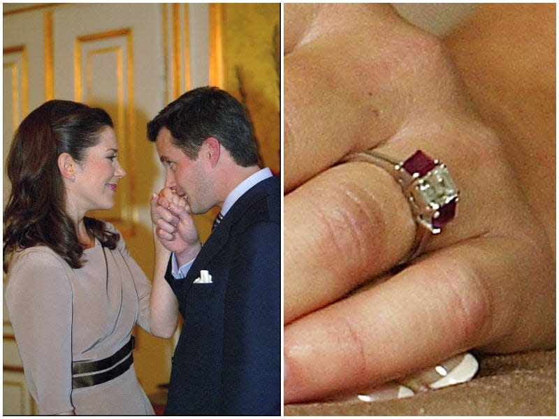 Prince Frederik of Denmark kisses the engagement ring of his fiance Mary Elizabeth Donaldson.